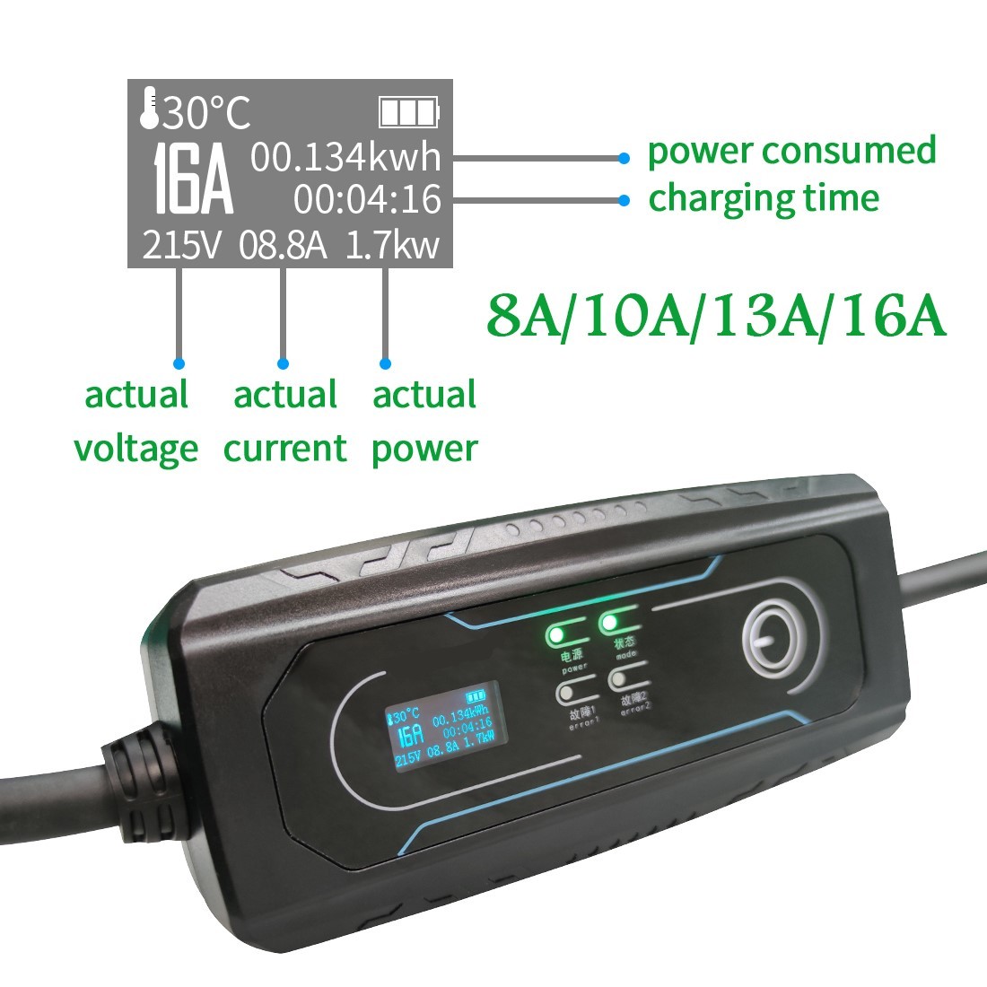 Black TPU 5m Portable EV Fast Charger With Touch Screen Change Current